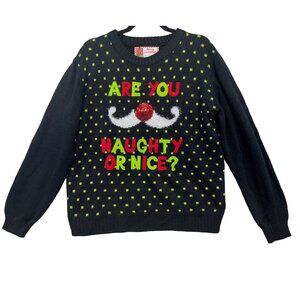 Ugly Christmas Sweater "Are You Naughty Or Nice?"  Sweater Medium Black & Green